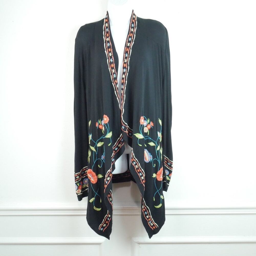 Caite Embroidered Floral‎ Kimono Cardigan Womens Open Front Boho Black Medium